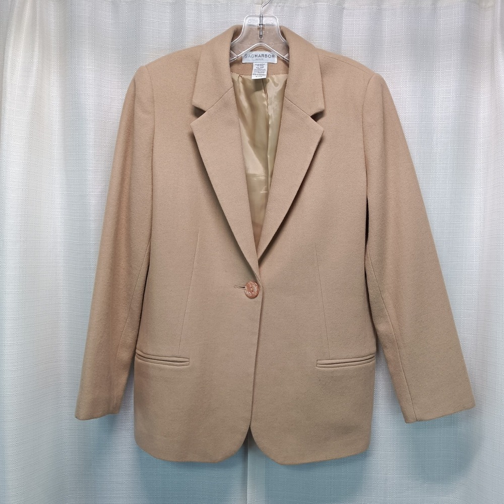Sag Harbor Petite Camel Tan 100% Wool One Button Blazer Jacket Womens 14P Casual